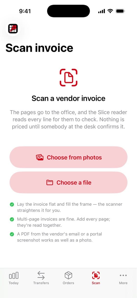 Invoices screen in Slice Supply