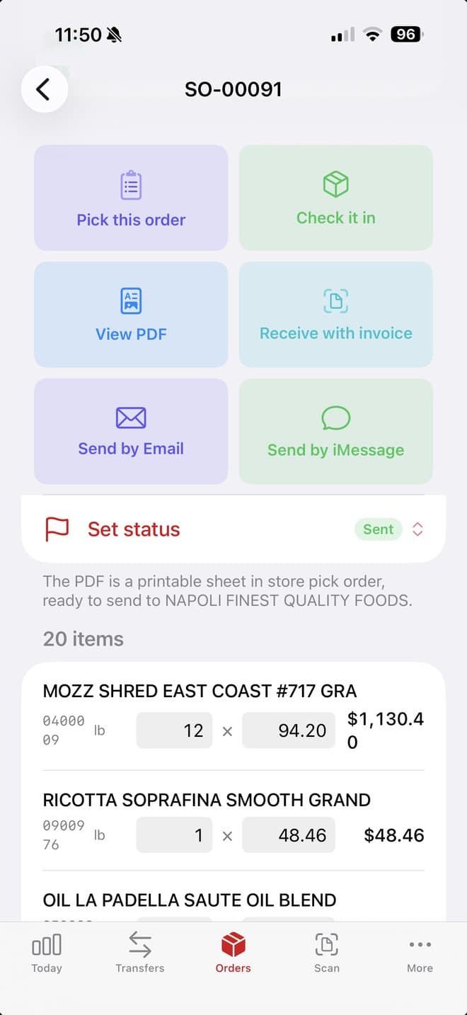 An order in Slice Supply: pick it, check it in, send it by email, and every line with its price