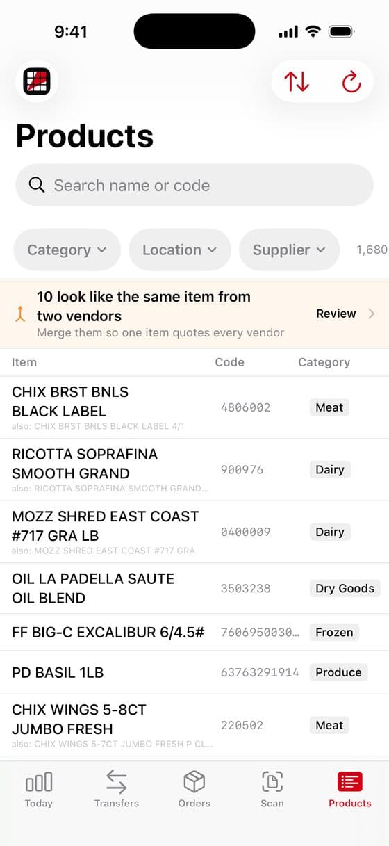 Products screen in Slice Supply