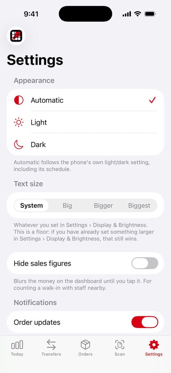 Settings screen in Slice Supply