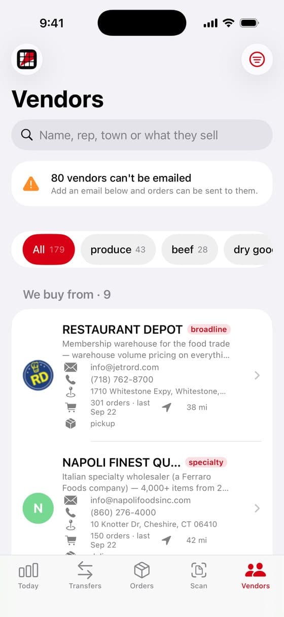 Vendors screen in Slice Supply